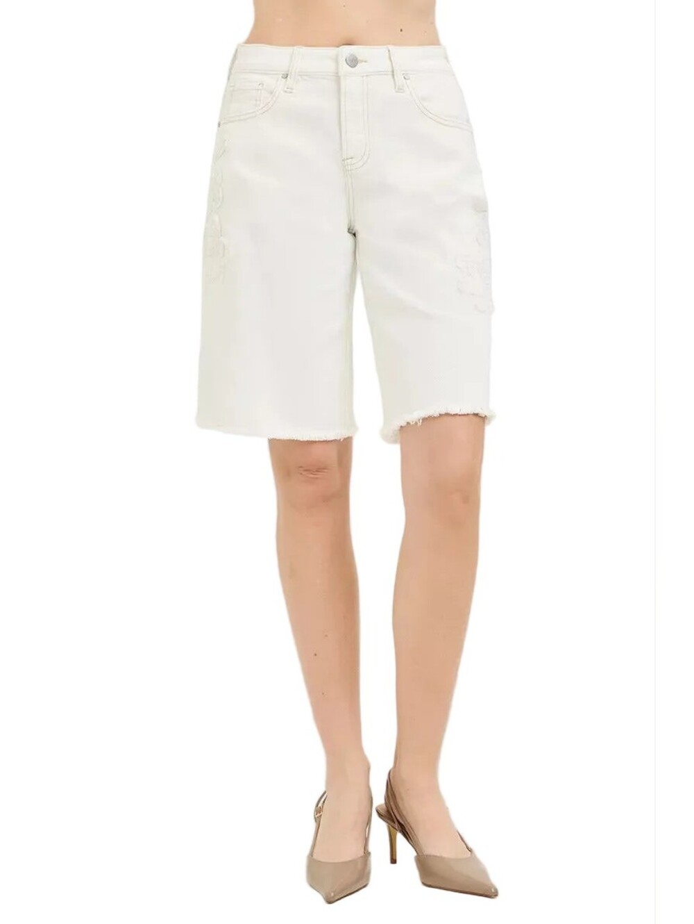Risen Floral Embroidered Relaxed Fit Bermuda Baggy Jorts Long Cream Denim Shorts - Picture 8 of 13